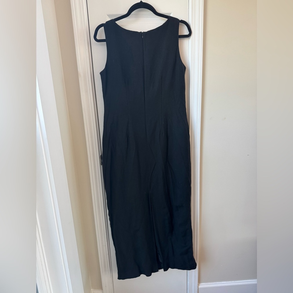 Vintage 90s Linen Blend Column Maxi Dress Black w/ Floral Appliqués Size 8 - Picture 2 of 4